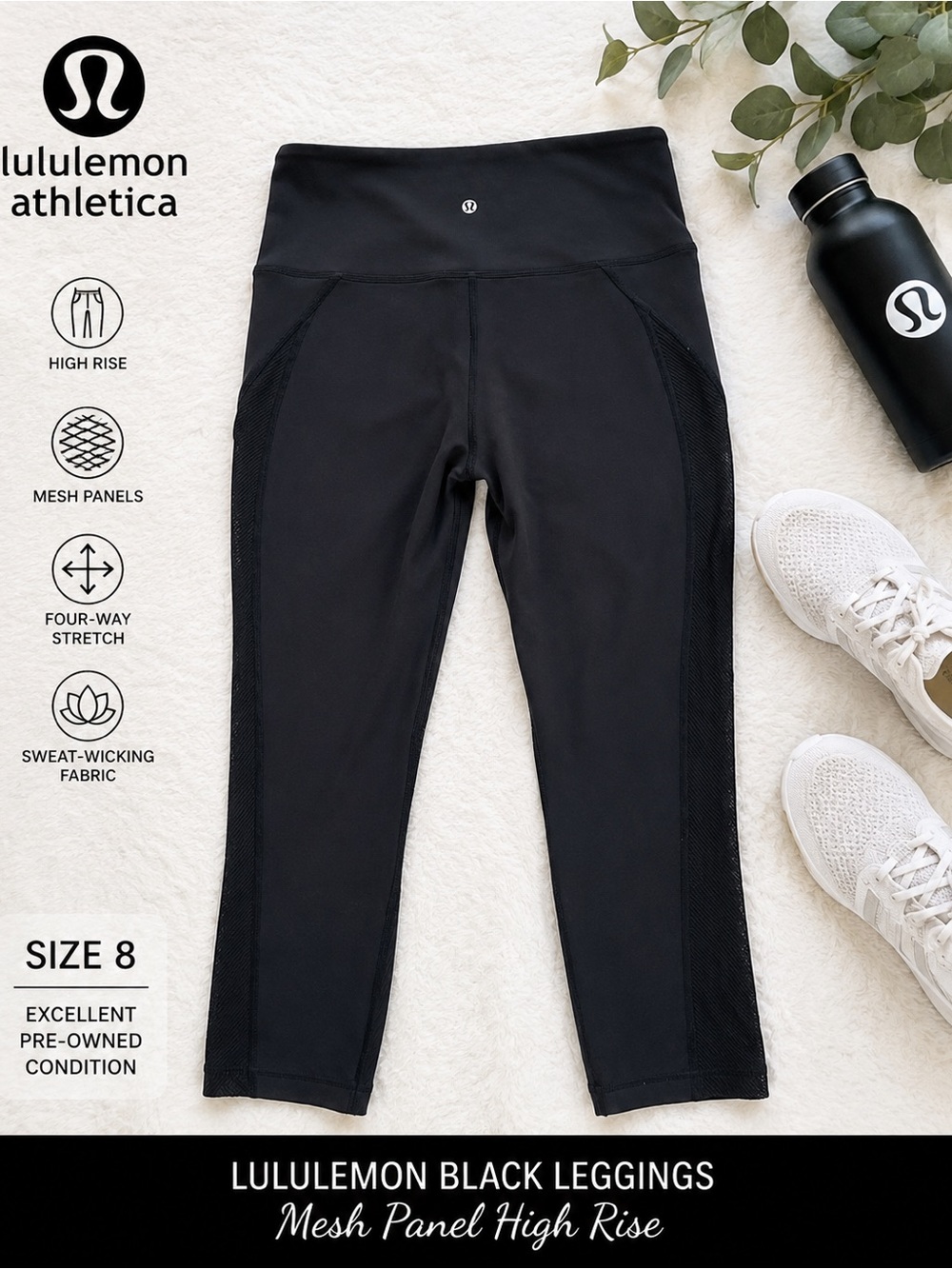 Lululemon Black Leggings Size 8 Mesh Panel High Rise